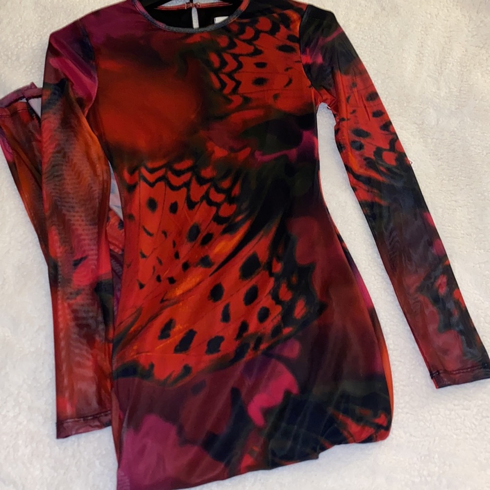 Vibrant Red and Black Long Sleeve Dress